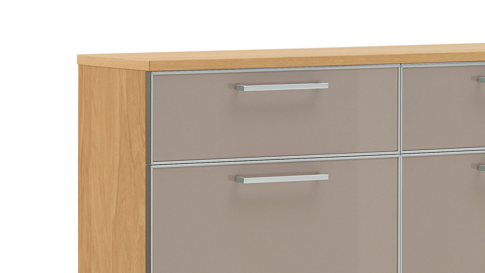 Schuhschrank Voss möebel aus Glas in Braun VOSS MÖBEL Schuhschrank Santina als Dielenmöbel Eiche Bianco & taupefarbenes Glas – zwei Schubladen, vier Klappen