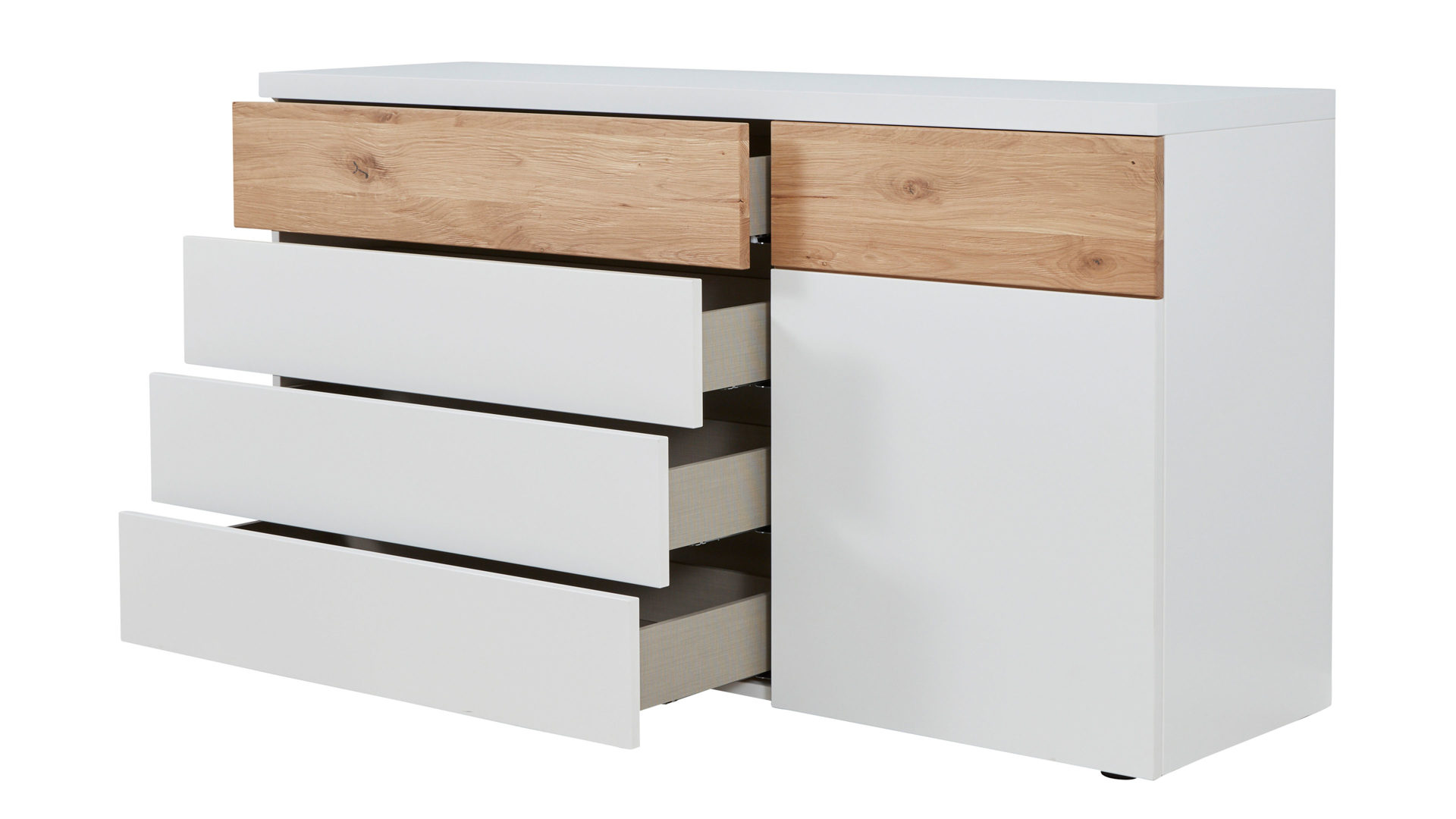 Kombikommode Interliving aus Holz in Weiß Interliving Schlafzimmer Serie 1019 – Kombikommode Wildeiche & weißer Mattlack – vier Schubladen, eine Tür