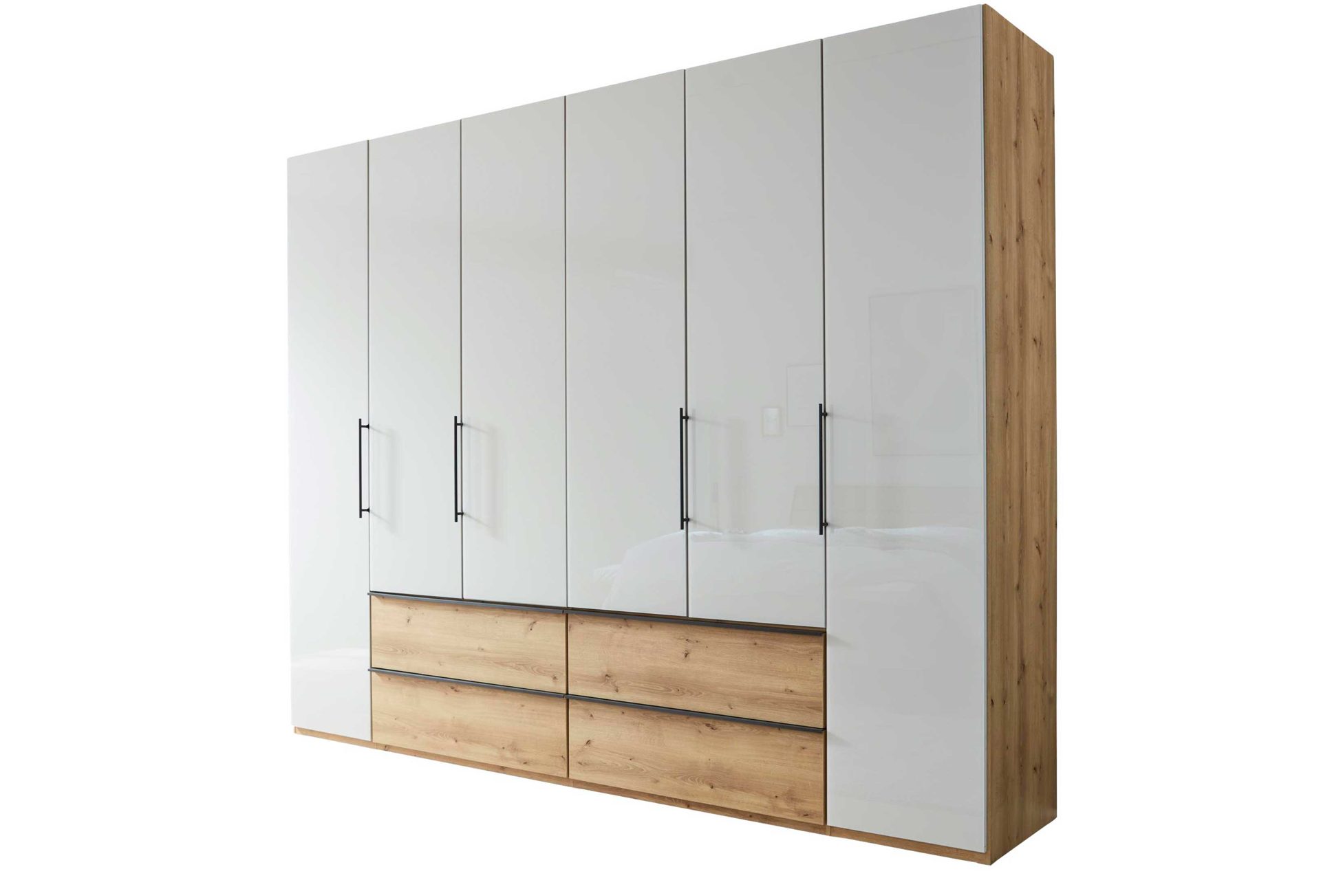 Kleiderschrank Interliving aus Holz in Hellgrau Interliving Kleiderschrank Serie 1205 – Kleiderschrank 468 Champagner & Eiche Bianco – sechs Türen & vier Schubladen, Breite ca. 300 cm