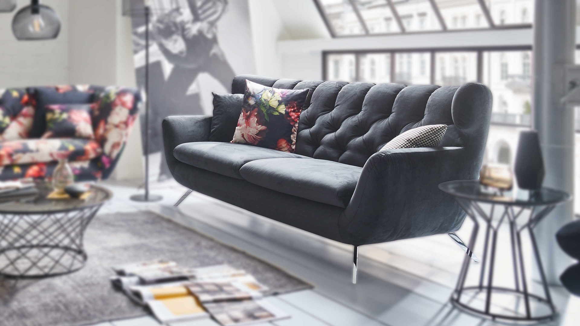 2,5-Sitzer SOFAkultur aus Stoff in Schwarz SOFAkultur Programm SK 254 Sixty 2.0 - 2,5-Sitzer schwarzer Bezug Velvet & Chromfüße – Länge ca. 200 cm