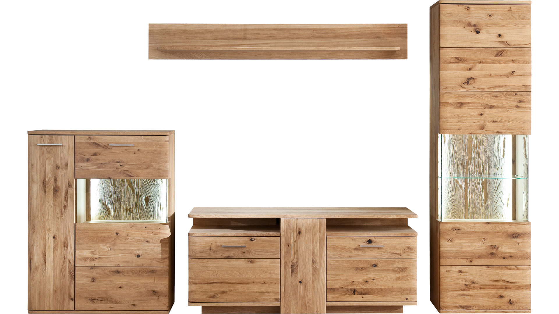 Wohnwand Mca direkt aus Holz in Holzfarben Wohnprogramm Santori - Wohnwand Eiche & Asteiche – vierteilig, Breite ca. 320 cm