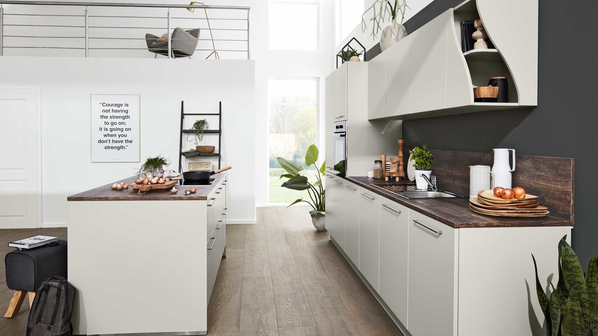 Einbauküche Interliving aus Holz in Grau Interliving Küche Serie 3028 mit Miele-Einbaugeräten Platingrau & Castell Eiche - zweizeilig