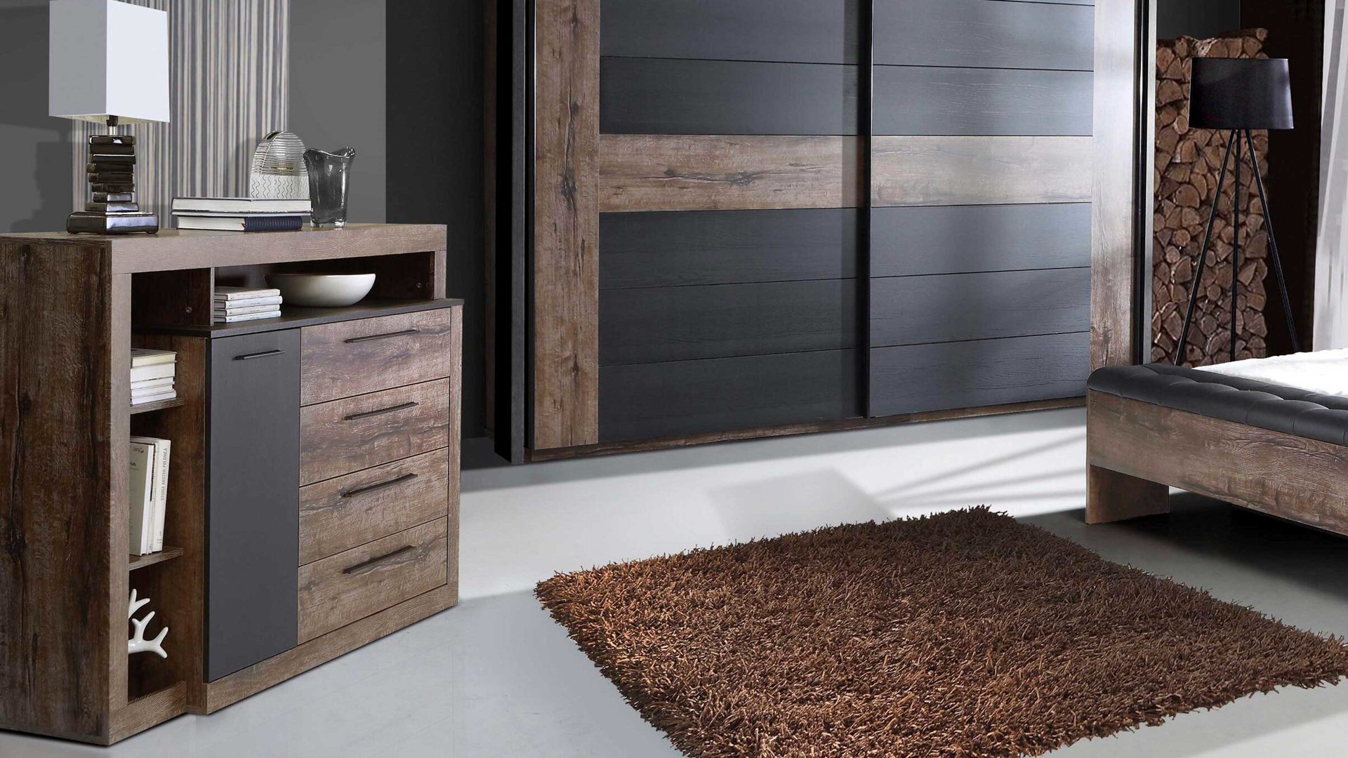 Sideboard Forte® aus Holz in Holzfarben Sideboard Bellevue Schwarzeiche & Schlamm – eine Tür, vier Schubaden