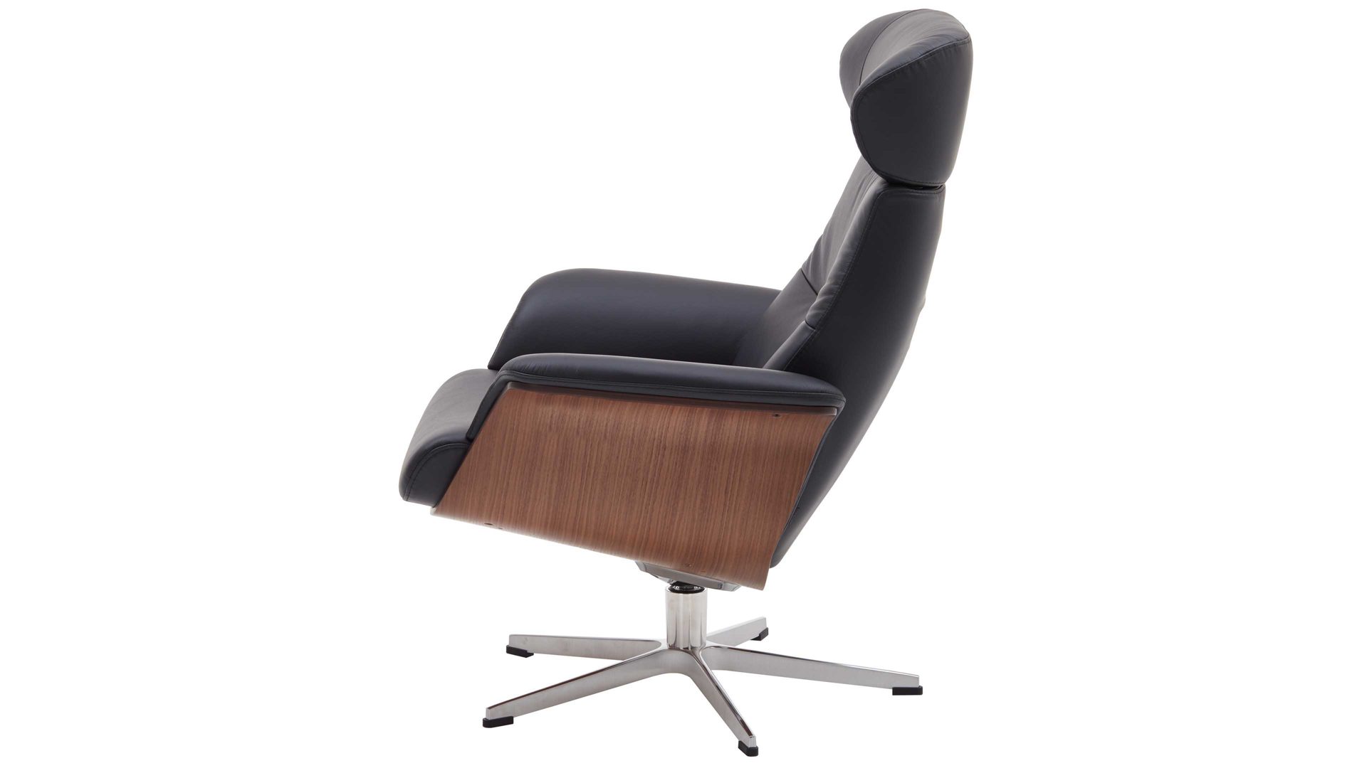 Relaxsessel Conform® aus Leder in Metallfarben CONFORM® Relaxsessel Timeout mit Lederbezug poliertes Aluminiumgestell, schwarzes Leder Memo & Walnuss-Sitzschale