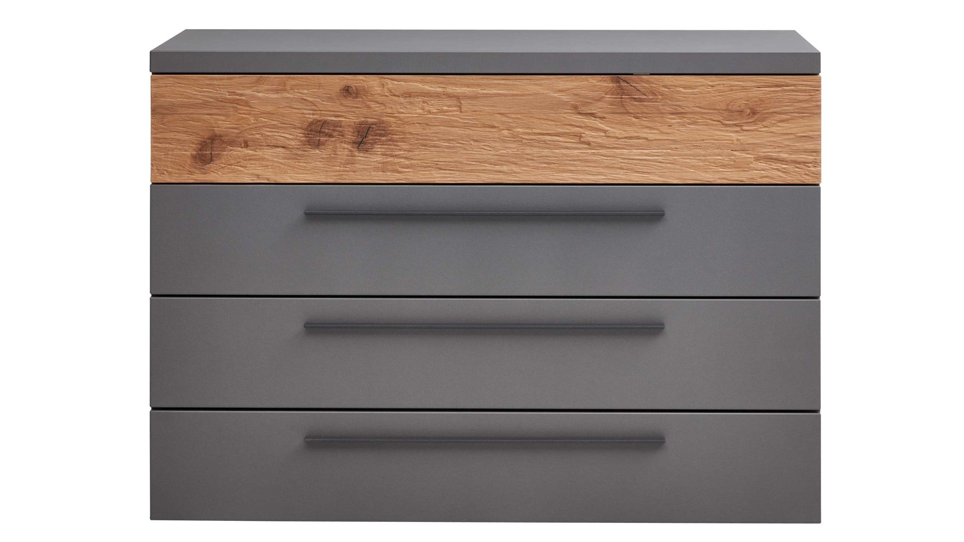 Schubladenkommode Interliving aus Holz in Dunkelgrau Interliving Schlafzimmer Serie 1025 – Schubladenkommode Graphit & Balkeneiche gehackt - vier Schubladen