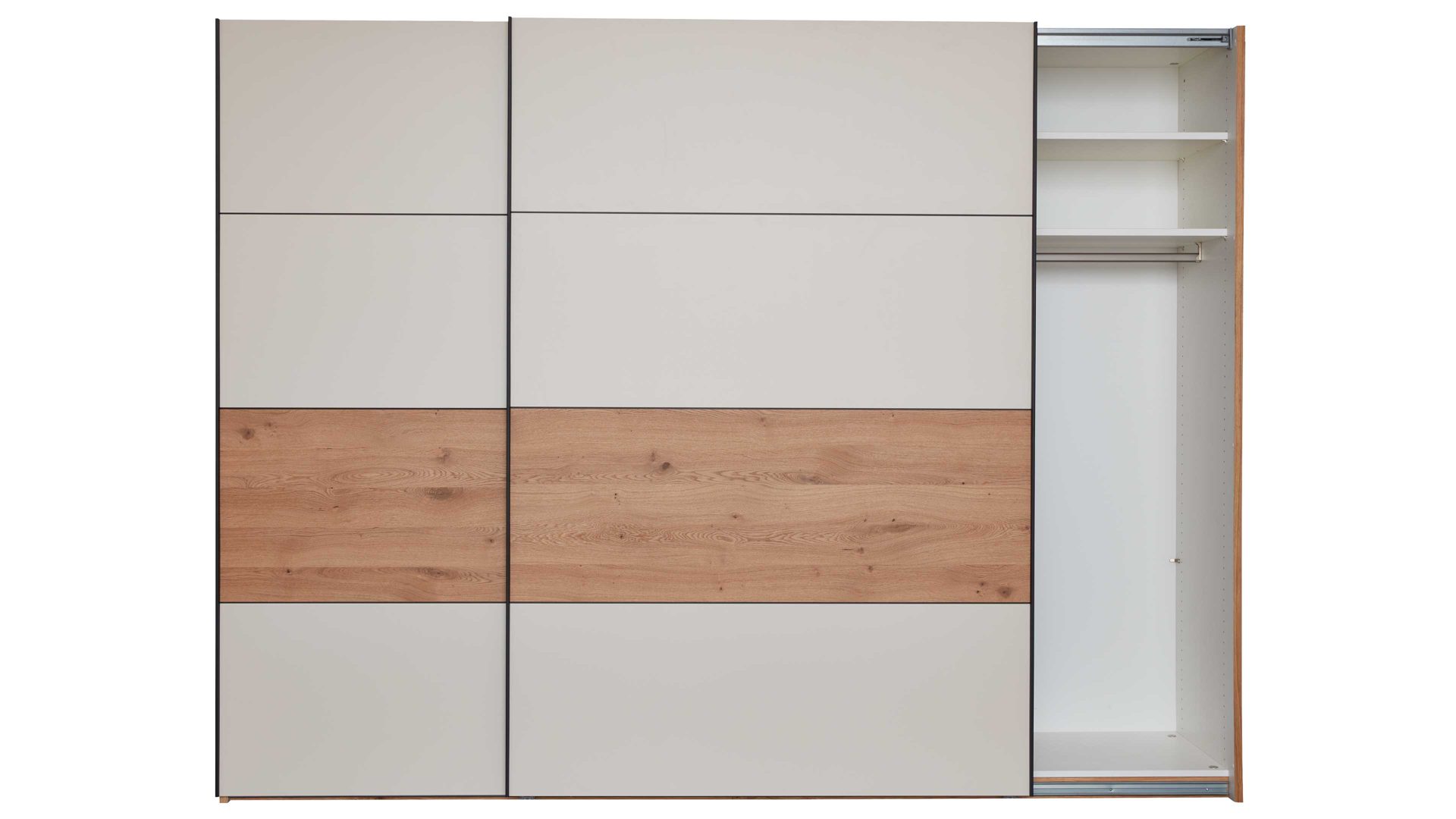 Kleiderschrank Interliving aus Holz in Beige Interliving Schlafzimmer Serie 1024 – Schwebetürenschrank Design 27,  Sand & Balkeneiche - zwei Türen, Breite ca. 241 cm