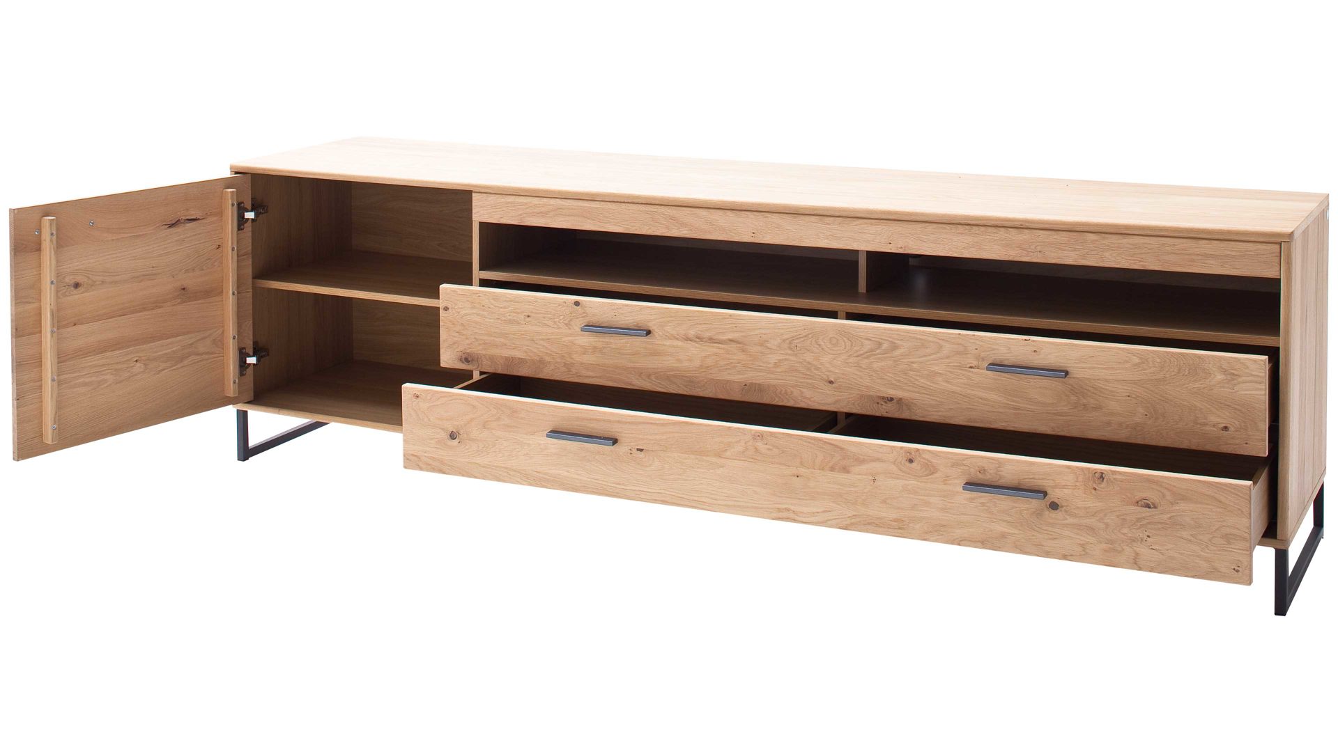 Medienmöbel Mca direkt aus Holz in Holzfarben Möbelserie Portland - Medienmöbel Asteiche bianco & Anthrazit – eine Tür, zwei Schubladen, Länge ca. 224 cm