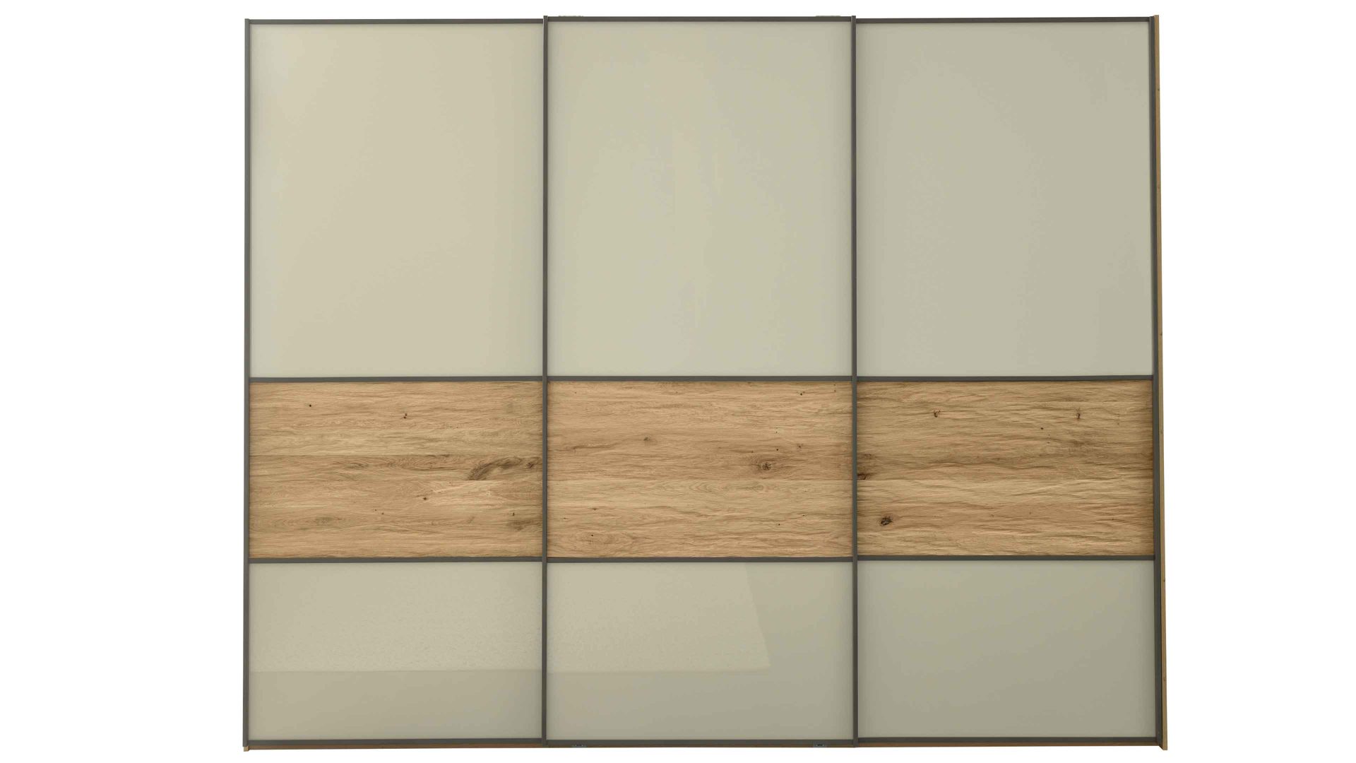 Kleiderschrank Interliving aus Holz in Hellgrau Interliving Schlafzimmer Serie 1027 – Schwebetürenschrank Champagner & Eiche bianco - drei Türen, Breite ca. 250 cm