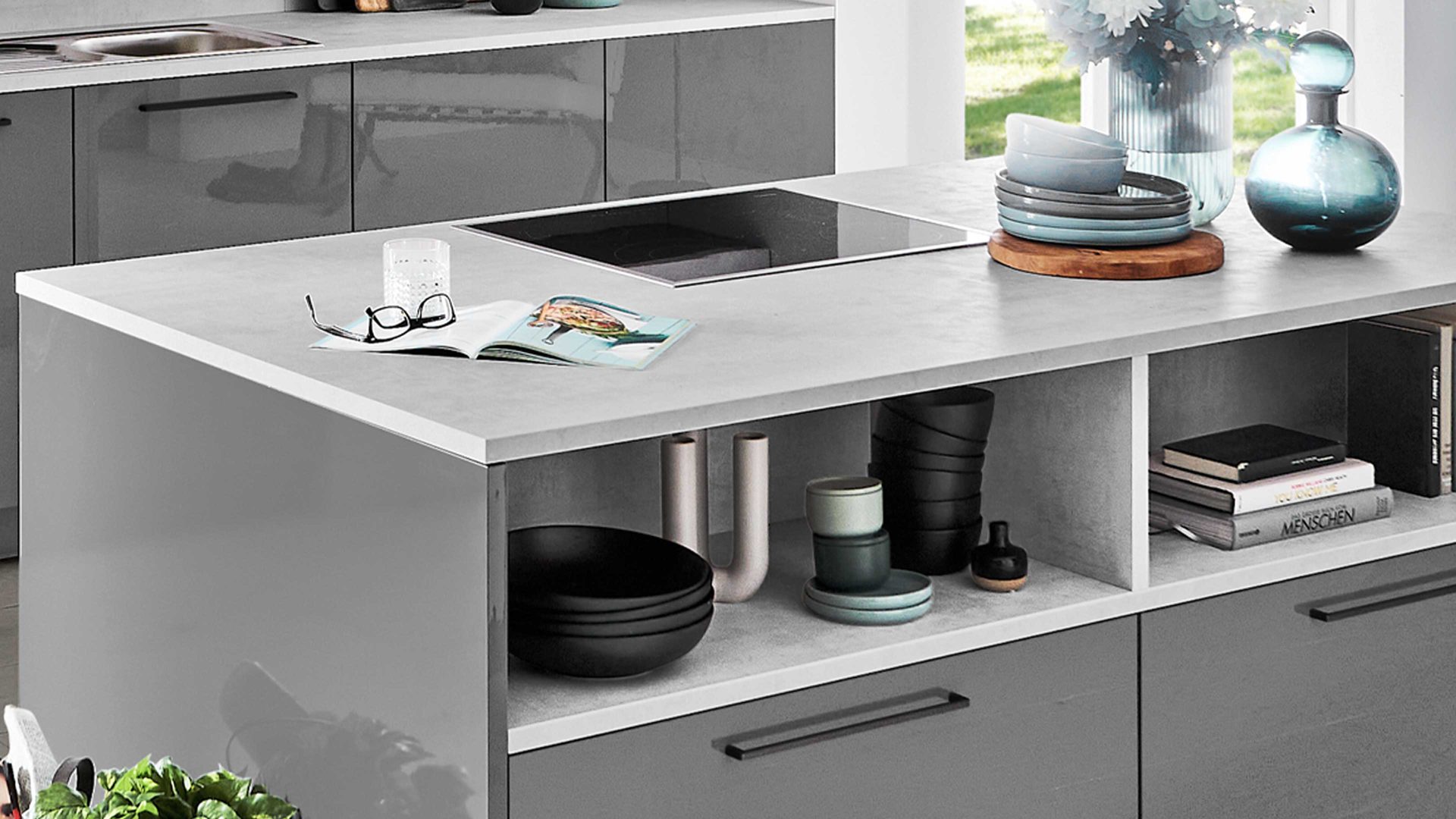 Einbauküche Nolte® küchen aus Holz in Grau nolte® Einbauküche Lux mit Miele Einbaugeräten Quarzgrau & weißer Beton – zweizeilig