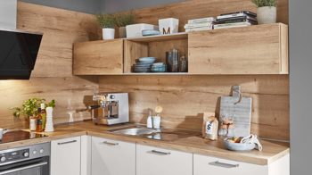 Einbauküche Nobilia® aus Holz in Hellgrau nobilia® Einbauküche Laser mit AEG Einbaugeräten Seidengrau & Eiche Sierra - Stellfläche ca. 305 x 245 cm