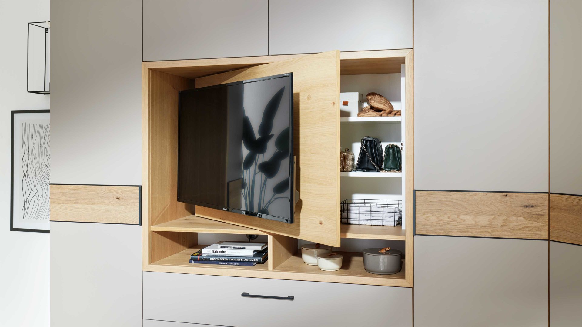 Kleiderschrank Interliving aus Holz in Grau Interliving Kleiderschrank Serie 1207 – Eckschrank Taupe & Balkeneiche - Stellfläche ca. 293 x 252 cm