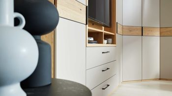 Kleiderschrank Interliving aus Holz in Grau Interliving Kleiderschrank Serie 1207 – Eckschrank Taupe & Balkeneiche - Stellfläche ca. 293 x 252 cm