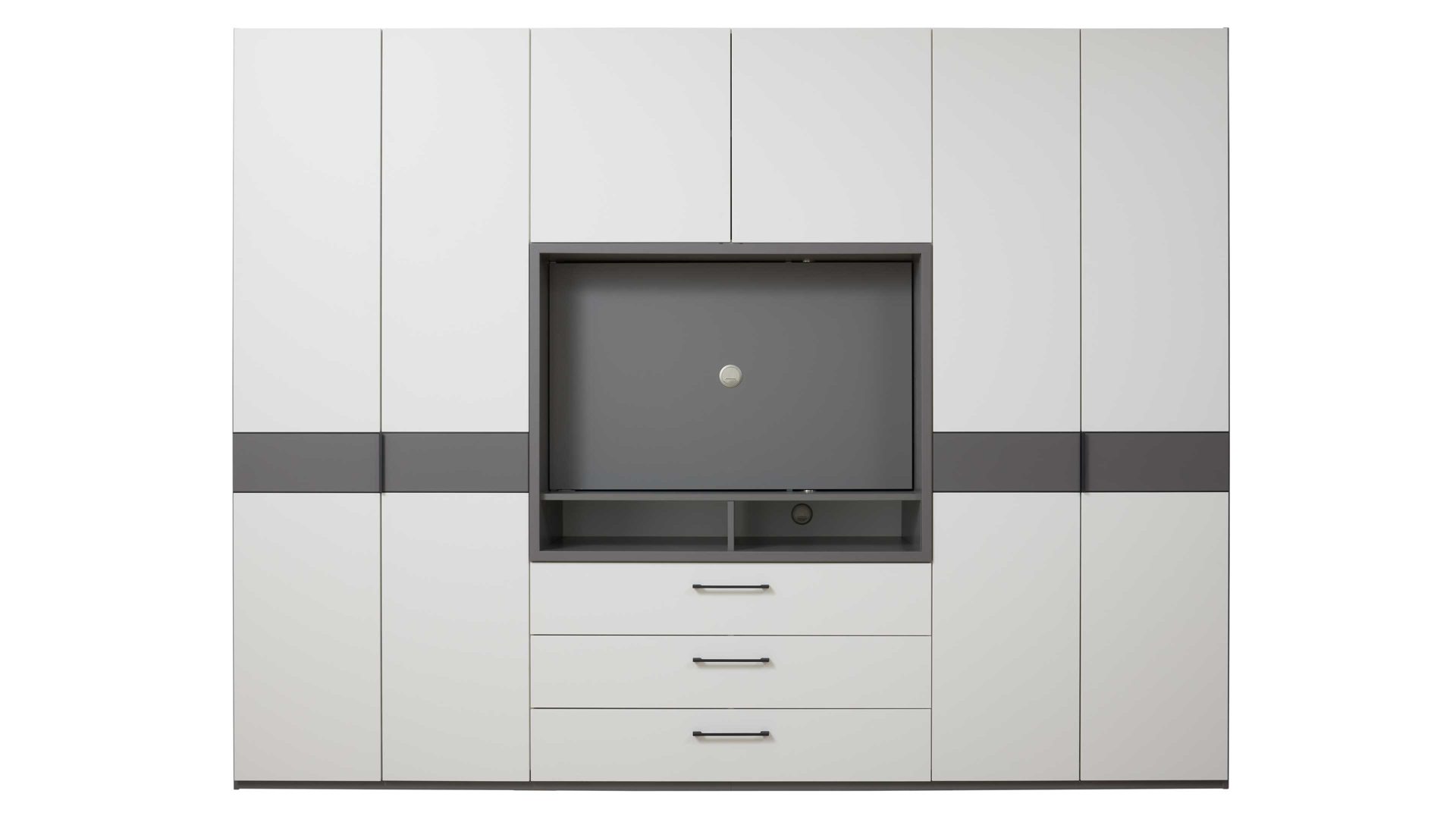 Kleiderschrank Interliving aus Holz in Grau Interliving Kleiderschrank Serie 1207 – Kleiderschrank mit TV-Nische Weiß & Manhattan – sechs Türen, zwei Schubladen, Breite ca. 300 cm