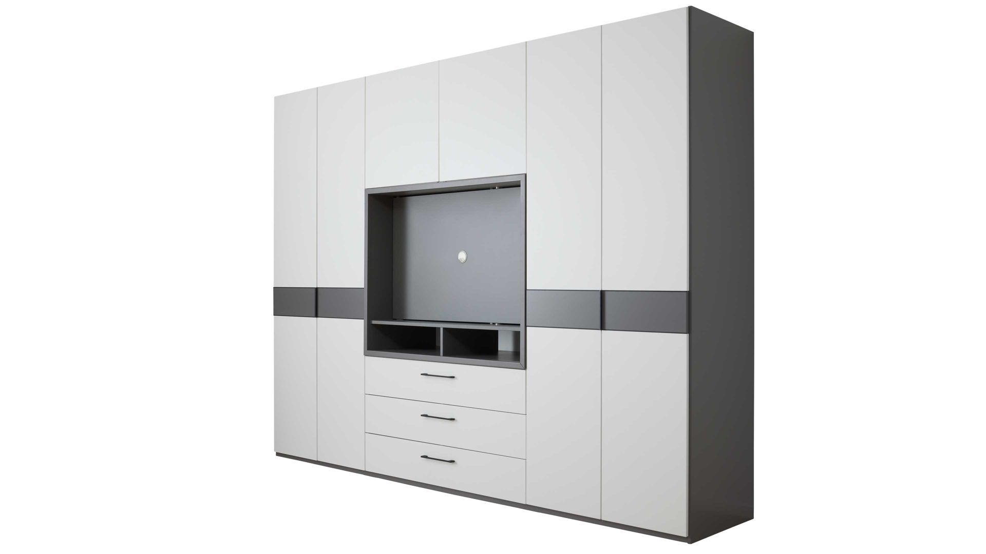 Kleiderschrank Interliving aus Holz in Grau Interliving Kleiderschrank Serie 1207 – Kleiderschrank mit TV-Nische Weiß & Manhattan – sechs Türen, zwei Schubladen, Breite ca. 300 cm