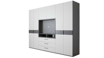 Kleiderschrank Interliving aus Holz in Grau Interliving Kleiderschrank Serie 1207 – Kleiderschrank mit TV-Nische Weiß & Manhattan – sechs Türen, zwei Schubladen, Breite ca. 302 cm