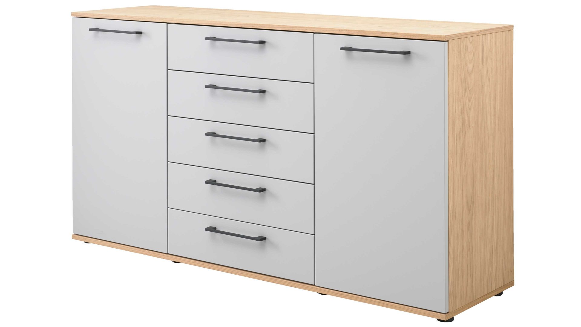 Kombikommode Interliving aus Holz in Hellgrau Interliving Kleiderschrank Serie 1207 – Kombikommode 670065 Satingrau & Wildeiche – zwei Türen, fünf Schubladen, Breite ca. 151 cm