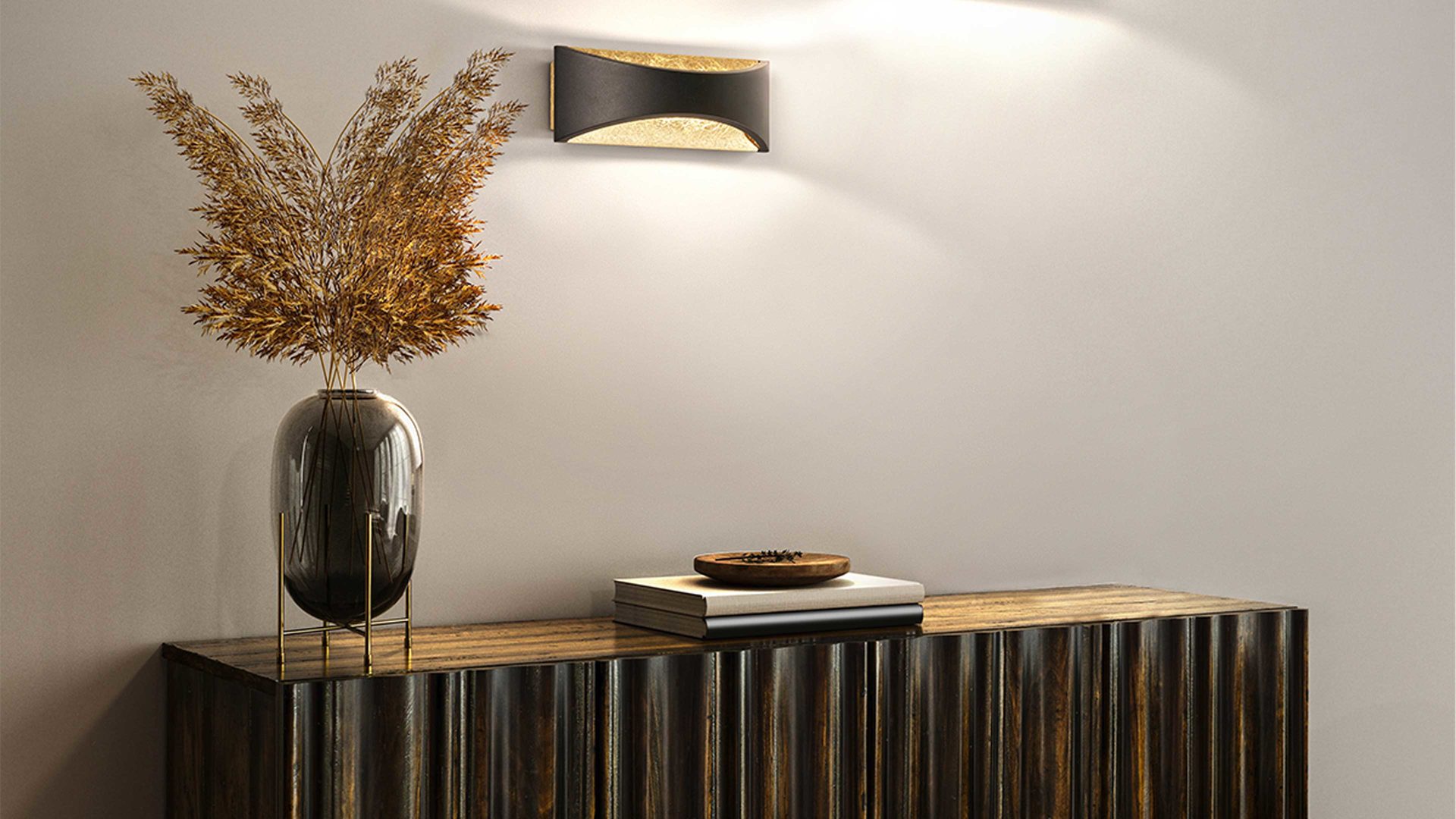 Wandleuchte Fh fischer & honsel aus Metall in Gold FH Wandleuchten Serie Rio Blattgold & Sandschwarz - Länge ca. 23 cm