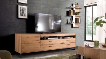 Wohnwand Mca direkt aus Holz in Holzfarben Wohnprogramm Portland - Wohnkombination III Asteiche bianco & Anthrazit – zweiteilig, Breite ca. 265 cm