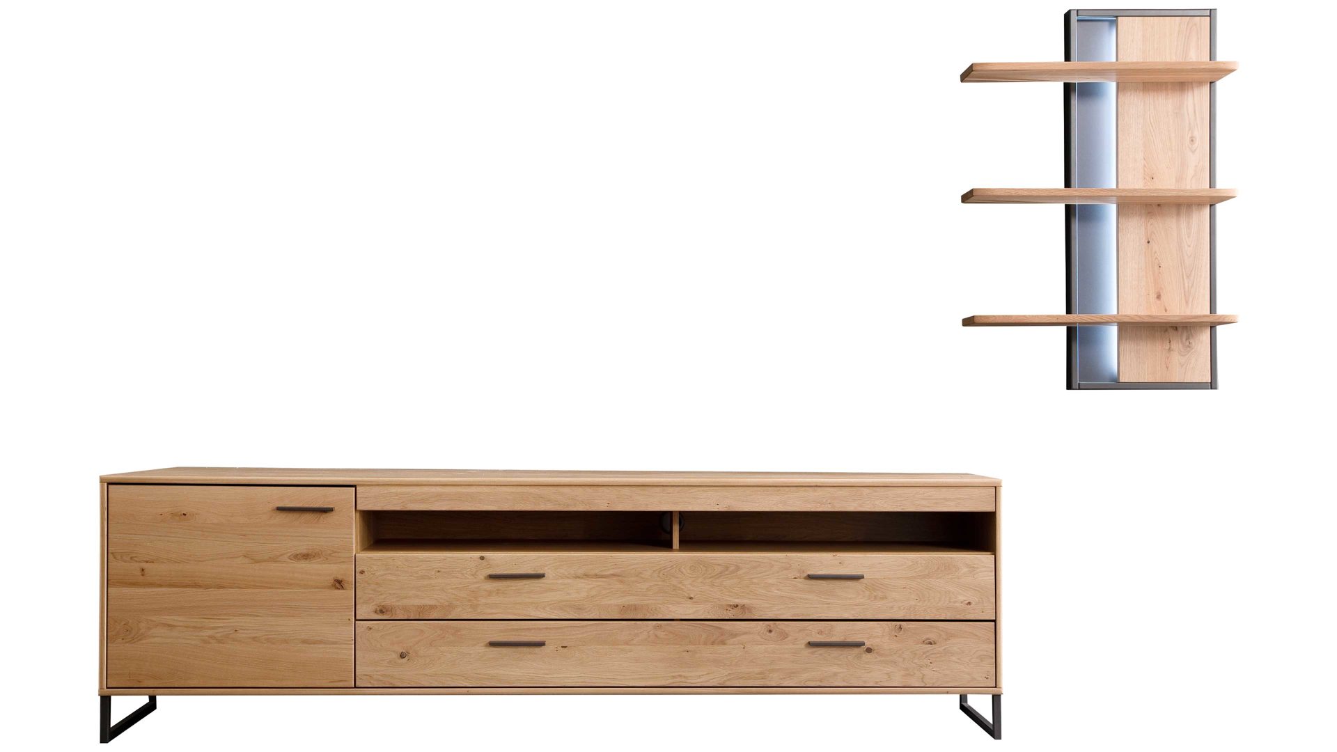 Wohnwand Mca direkt aus Holz in Holzfarben Wohnprogramm Portland - Wohnkombination III Asteiche bianco & Anthrazit – zweiteilig, Breite ca. 265 cm