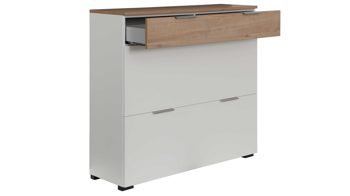 Schuhschrank Interliving aus Holz in Weiß Interliving Garderobe Serie 6012 - Schuhschrank weißer Mattlack & Steineiche - eine Schublade, zwei Klappen, Breite ca. 120 cm