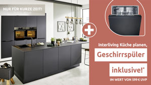 Einbauküche Interliving aus Holz in Schwarz Interliving Küche Serie 3057 mit AEG Einbaugeräten Mattschwarz – zweizeilig