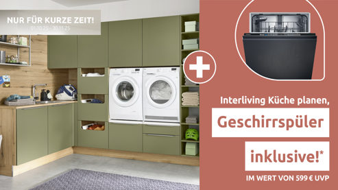 Einbauküche Interliving aus Holz in Grün Interliving Küche Serie 3074 - Hauswirtschaftsraumlösung Olive & Vulkaneiche – Stellfläche ca. 190 x 275 cm